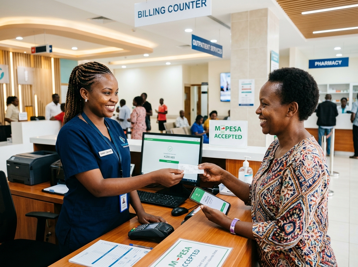 Hospital cashier handing a receipt to a patient who paid with M-Pesa