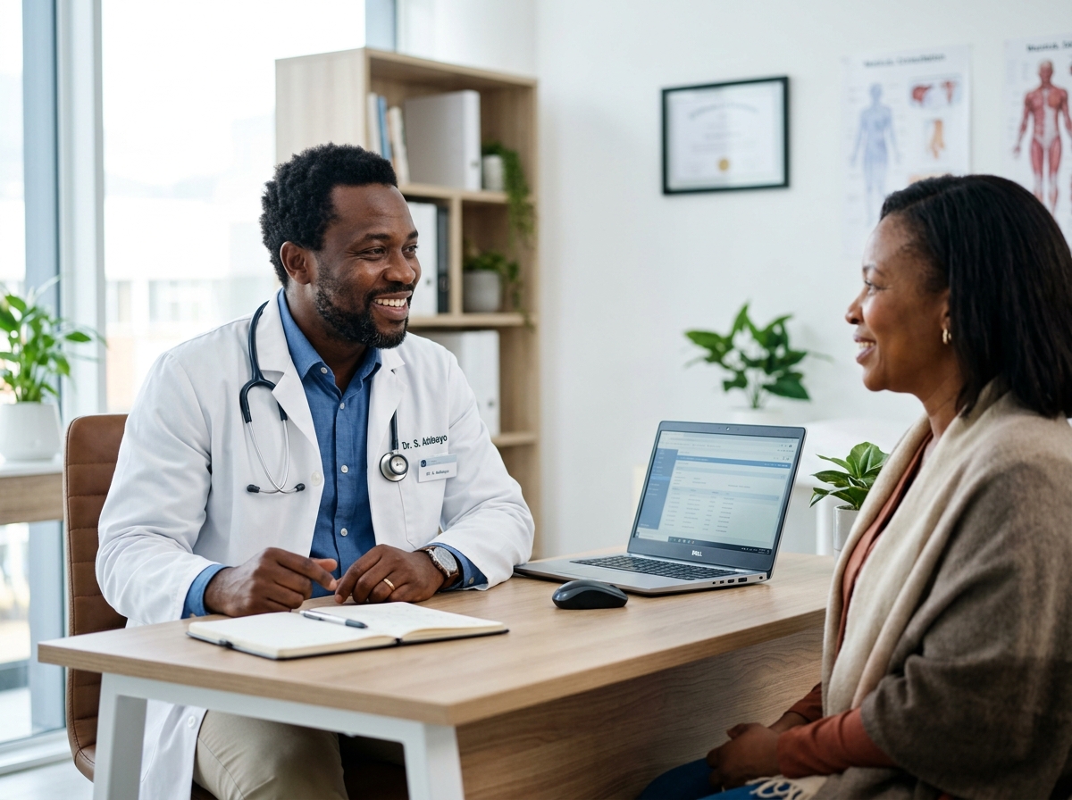 Compassionate medical doctor consulting a patient in a modern Nairobi hospital