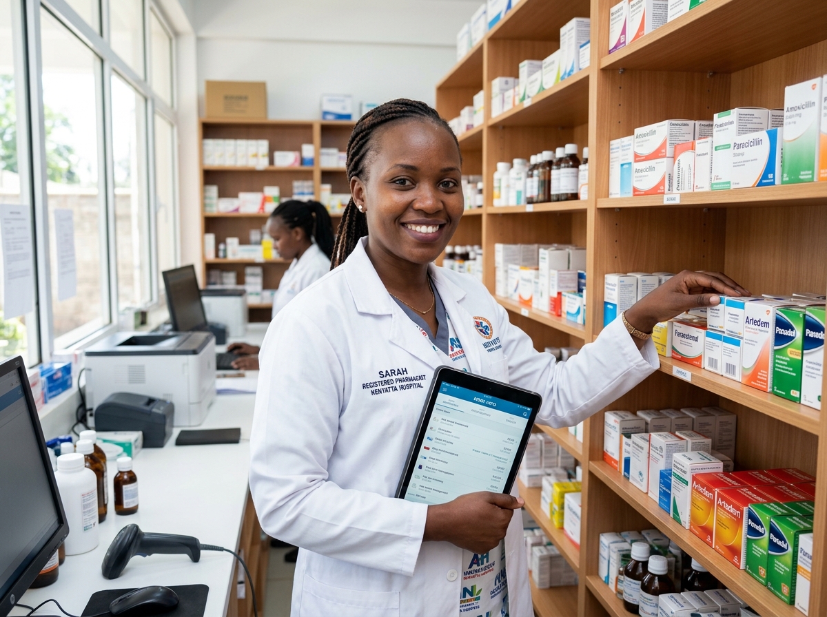 Friendly hospital pharmacist checking medicine stock in a clean pharmacy dispensary