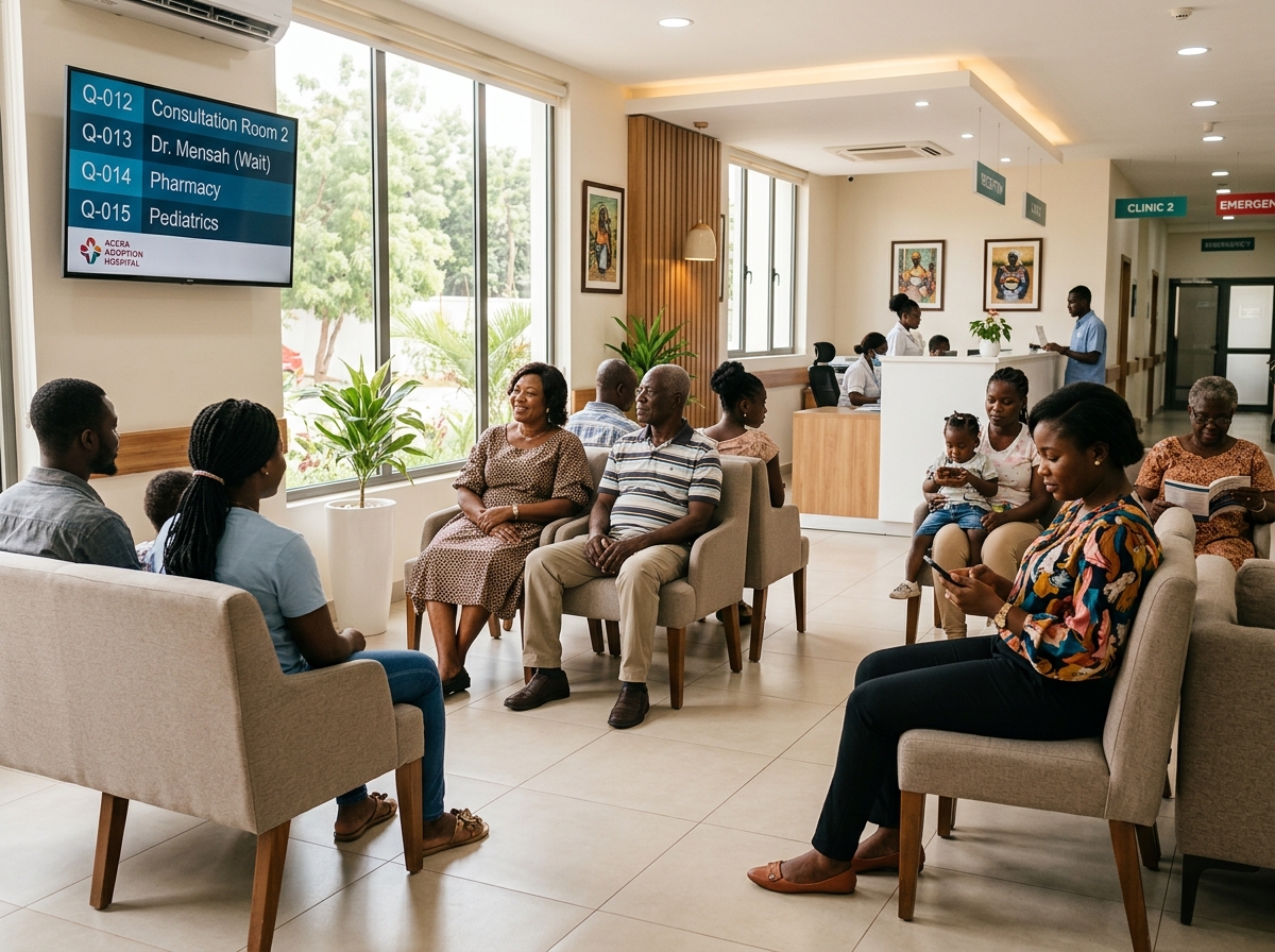 Comfortable hospital waiting lounge with Smart TV queue display and smartphone notifications