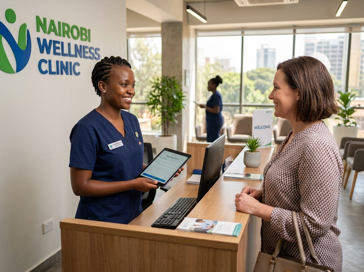 Friendly hospital receptionist welcoming a patient at a modern Kenyan clinic desk